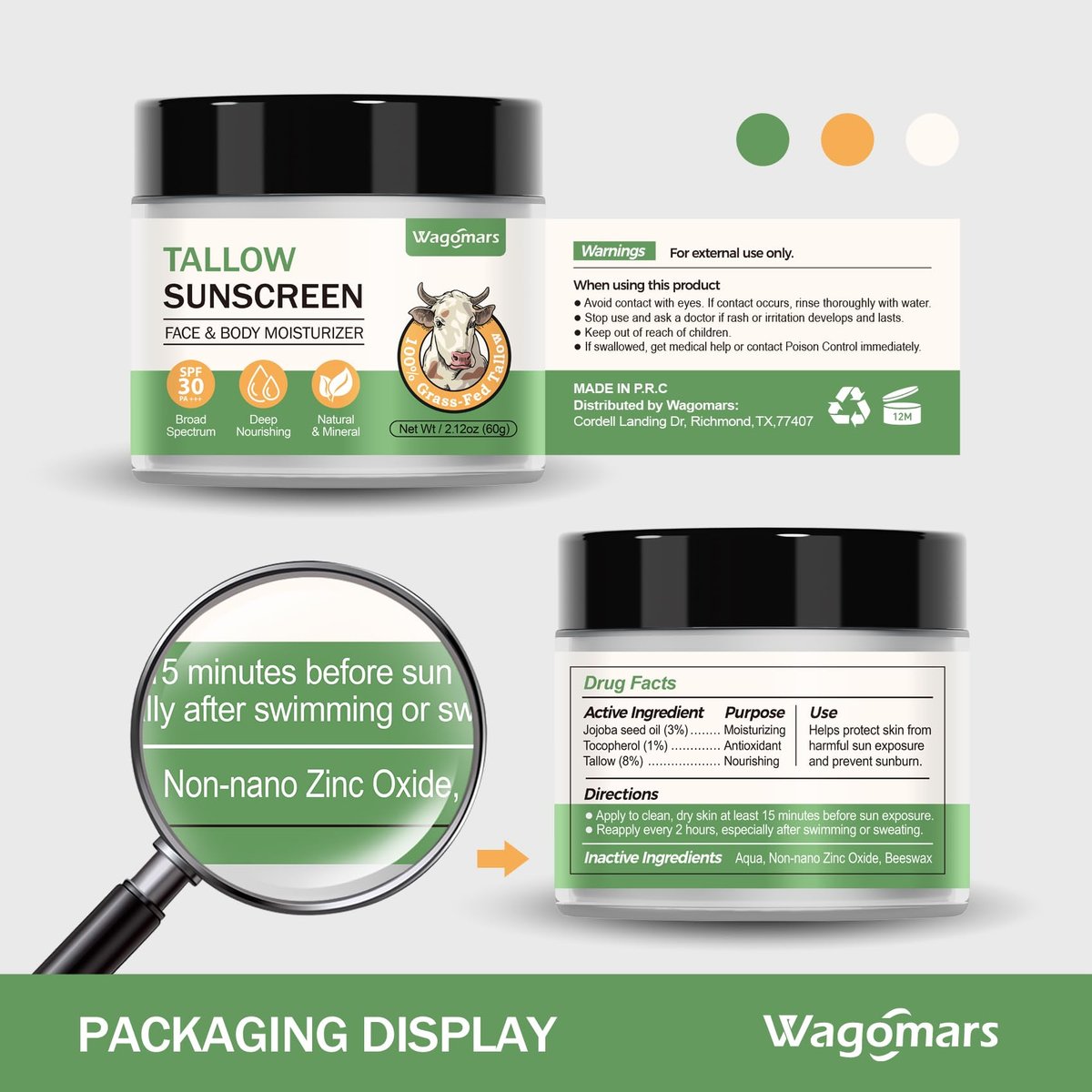 Wagomars Tallow Sunscreen SPF 30 - Non-Toxic Natural Mineral Sunscreen with Zinc Oxide & Beef Tallow - Reef Safe Sunblock for Face & Body - Moisturizing for All Skin Types Avelisse