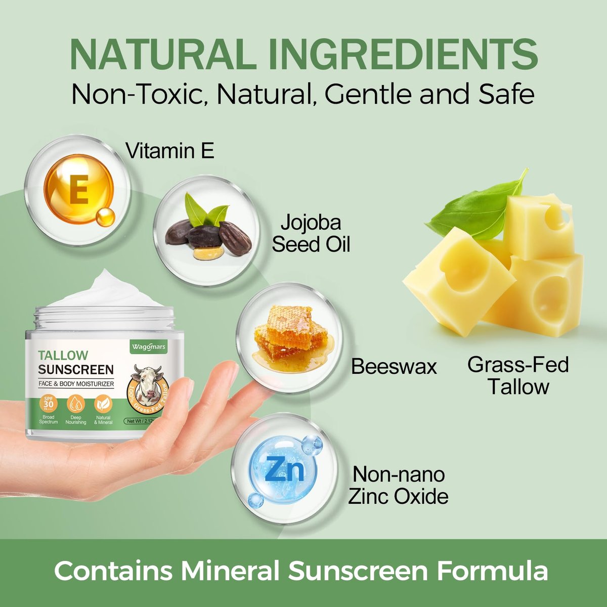 Wagomars Tallow Sunscreen SPF 30 - Non-Toxic Natural Mineral Sunscreen with Zinc Oxide & Beef Tallow - Reef Safe Sunblock for Face & Body - Moisturizing for All Skin Types Avelisse