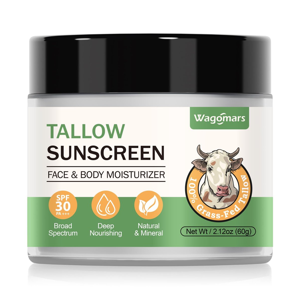Wagomars Tallow Sunscreen SPF 30 - Non-Toxic Natural Mineral Sunscreen with Zinc Oxide & Beef Tallow - Reef Safe Sunblock for Face & Body - Moisturizing for All Skin Types Avelisse