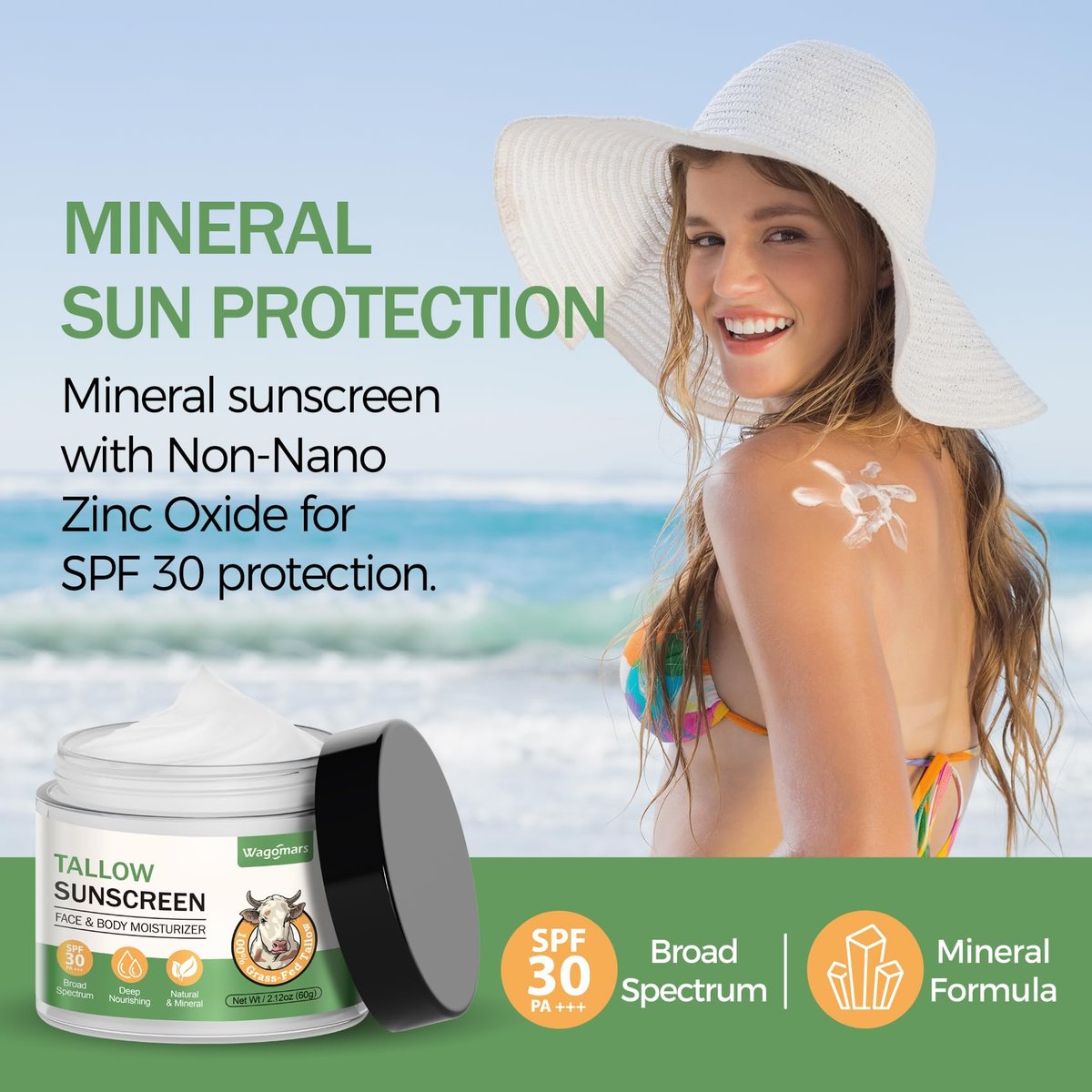 Wagomars Tallow Sunscreen SPF 30 - Non-Toxic Natural Mineral Sunscreen with Zinc Oxide & Beef Tallow - Reef Safe Sunblock for Face & Body - Moisturizing for All Skin Types Avelisse