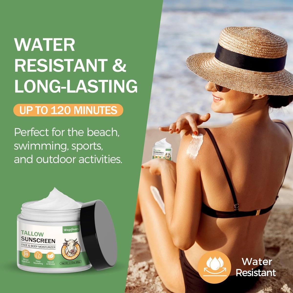 Wagomars Tallow Sunscreen SPF 30 - Non-Toxic Natural Mineral Sunscreen with Zinc Oxide & Beef Tallow - Reef Safe Sunblock for Face & Body - Moisturizing for All Skin Types Avelisse