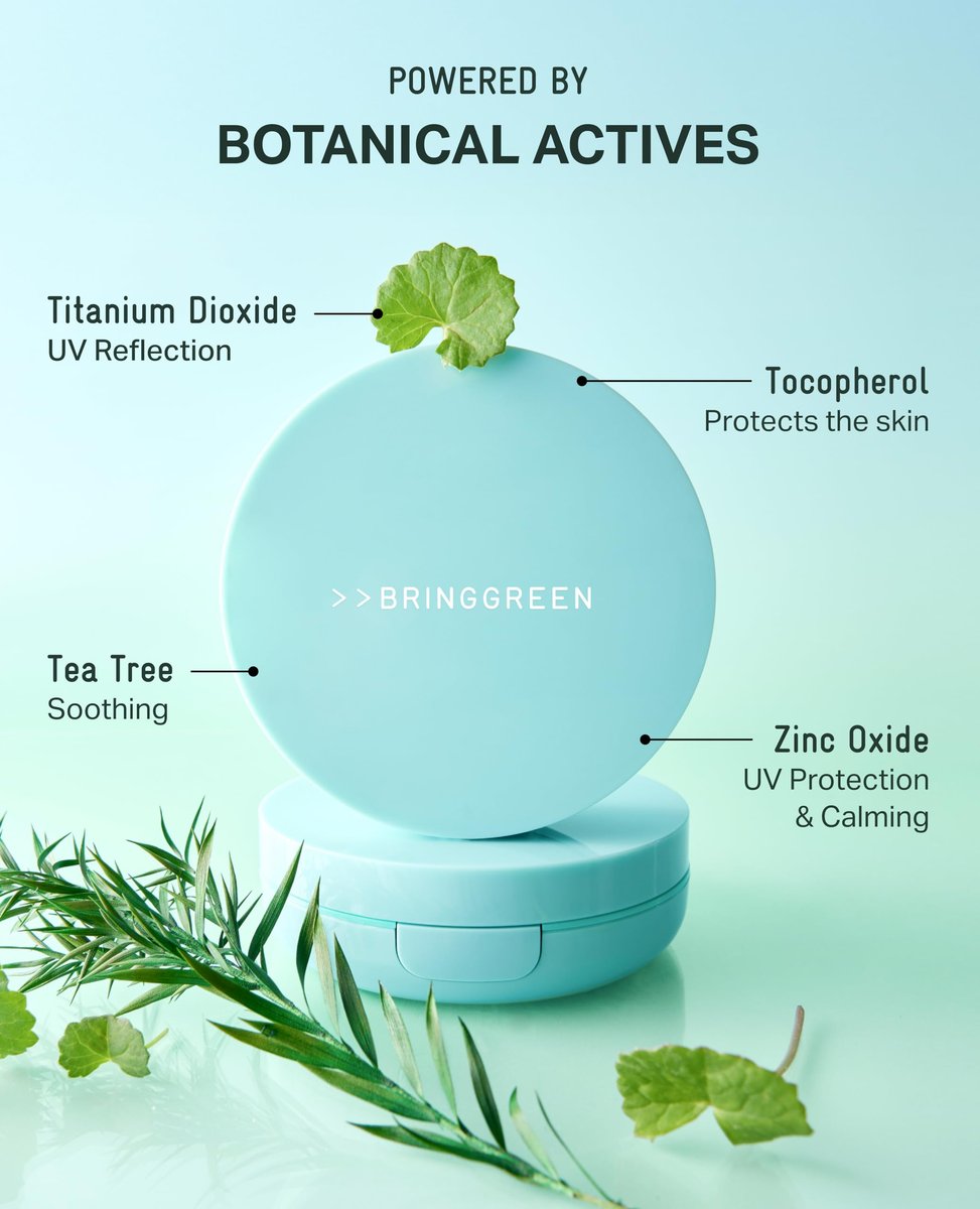 BRING GREEN Tea Tree CICA Facial Sun Cushion SPF 50+ PA++++ - Korean Mineral Sunscreen for Face, Non-Nano, Reef-Safe, Redness Correcting with Zinc Oxide, Travel Size Sun Protection Avelisse