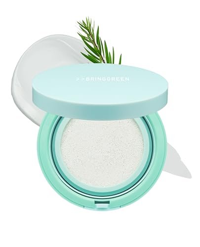 BRING GREEN Tea Tree CICA Facial Sun Cushion SPF 50+ PA++++ - Korean Mineral Sunscreen for Face, Non-Nano, Reef-Safe, Redness Correcting with Zinc Oxide, Travel Size Sun Protection Avelisse