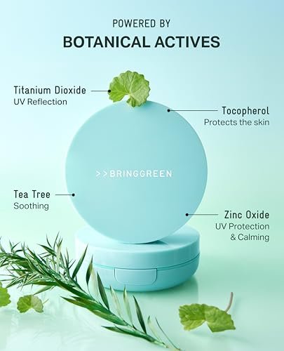 BRING GREEN Tea Tree CICA Facial Sun Cushion SPF 50+ PA++++ - Korean Mineral Sunscreen for Face, Non-Nano, Reef-Safe, Redness Correcting with Zinc Oxide, Travel Size Sun Protection Avelisse