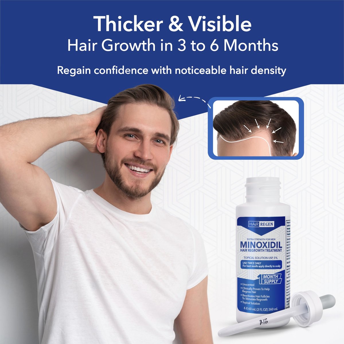 Hair Regen Liquid Minoxidil for Men 5% - Extra Strength Topical Solution for Hair Regrowth - 1 Month Supply (2 Fl Oz) - görsel 7