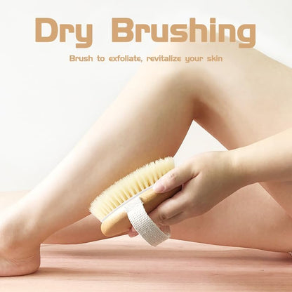 Bamboo Dry Body Brush for Shower – Exfoliating Bath Brush with Massage Nodes for Dry Brushing & Cellulite