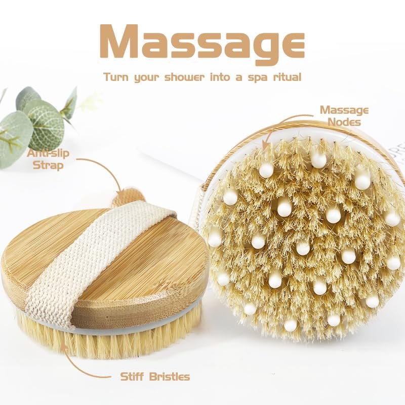 Bamboo Dry Body Brush for Shower – Exfoliating Bath Brush with Massage Nodes for Dry Brushing & Cellulite - görsel 4