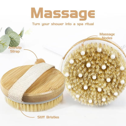Bamboo Dry Body Brush for Shower – Exfoliating Bath Brush with Massage Nodes for Dry Brushing & Cellulite