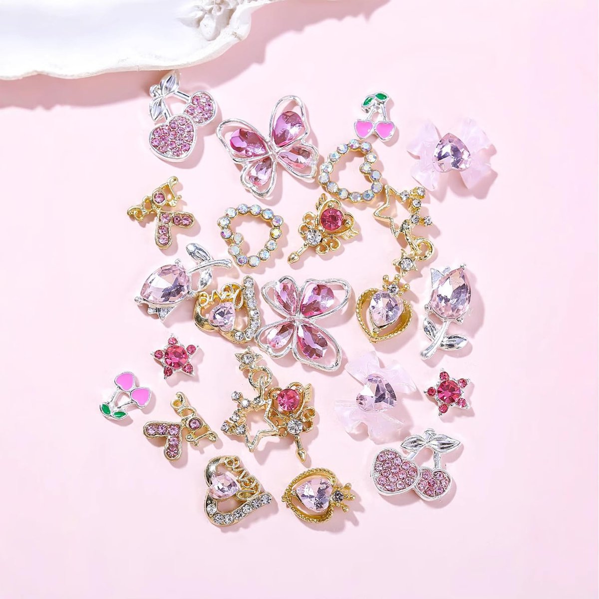 24 Pcs Pink Nail Art Rhinestones 3D Cherry Bow Star Heart Flowers Charms for Acrylic Nails - Shining Alloy Nail Jewelry Gem for Y2k Women DIY Manicure Crafts - görsel 5