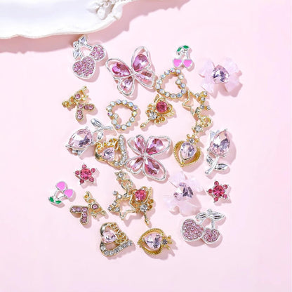 24 Pcs Pink Nail Art Rhinestones 3D Cherry Bow Star Heart Flowers Charms for Acrylic Nails - Shining Alloy Nail Jewelry Gem for Y2k Women DIY Manicure Crafts