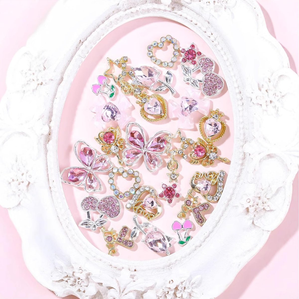 24 Pcs Pink Nail Art Rhinestones 3D Cherry Bow Star Heart Flowers Charms for Acrylic Nails - Shining Alloy Nail Jewelry Gem for Y2k Women DIY Manicure Crafts - görsel 3