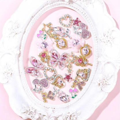 24 Pcs Pink Nail Art Rhinestones 3D Cherry Bow Star Heart Flowers Charms for Acrylic Nails - Shining Alloy Nail Jewelry Gem for Y2k Women DIY Manicure Crafts