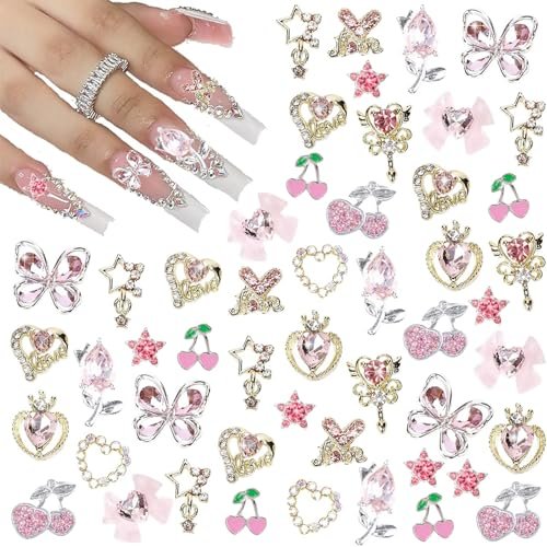 24 Pcs Pink Nail Art Rhinestones 3D Cherry Bow Star Heart Flowers Charms for Acrylic Nails - Shining Alloy Nail Jewelry Gem for Y2k Women DIY Manicure Crafts - görsel 2