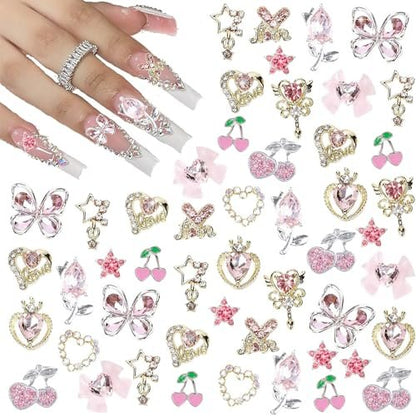 24 Pcs Pink Nail Art Rhinestones 3D Cherry Bow Star Heart Flowers Charms for Acrylic Nails - Shining Alloy Nail Jewelry Gem for Y2k Women DIY Manicure Crafts