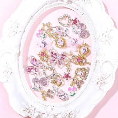 24 Pcs Pink Nail Art Rhinestones 3D Cherry Bow Star Heart Flowers Charms for Acrylic Nails - Shining Alloy Nail Jewelry Gem for Y2k Women DIY Manicure Crafts - görsel 4