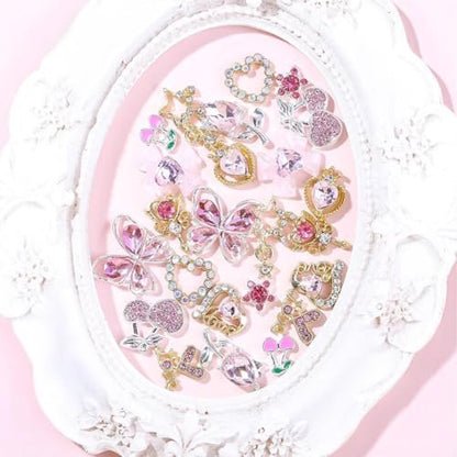 24 Pcs Pink Nail Art Rhinestones 3D Cherry Bow Star Heart Flowers Charms for Acrylic Nails - Shining Alloy Nail Jewelry Gem for Y2k Women DIY Manicure Crafts