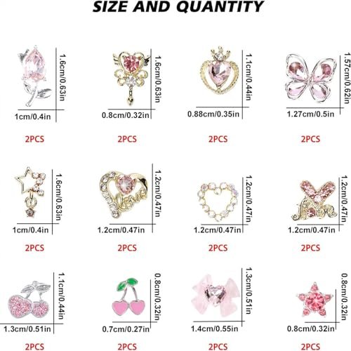24 Pcs Pink Nail Art Rhinestones 3D Cherry Bow Star Heart Flowers Charms for Acrylic Nails - Shining Alloy Nail Jewelry Gem for Y2k Women DIY Manicure Crafts - görsel 10