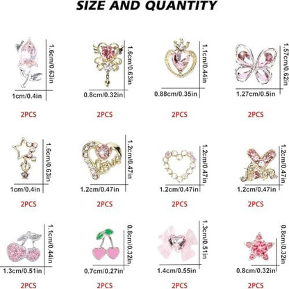 24 Pcs Pink Nail Art Rhinestones 3D Cherry Bow Star Heart Flowers Charms for Acrylic Nails - Shining Alloy Nail Jewelry Gem for Y2k Women DIY Manicure Crafts