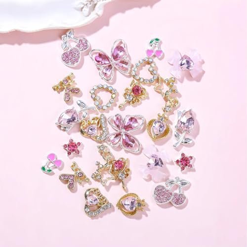 24 Pcs Pink Nail Art Rhinestones 3D Cherry Bow Star Heart Flowers Charms for Acrylic Nails - Shining Alloy Nail Jewelry Gem for Y2k Women DIY Manicure Crafts - görsel 6