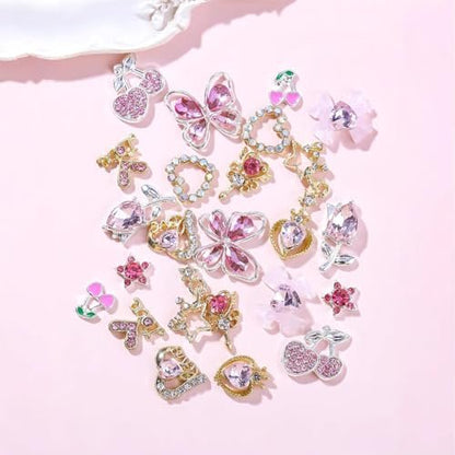 24 Pcs Pink Nail Art Rhinestones 3D Cherry Bow Star Heart Flowers Charms for Acrylic Nails - Shining Alloy Nail Jewelry Gem for Y2k Women DIY Manicure Crafts