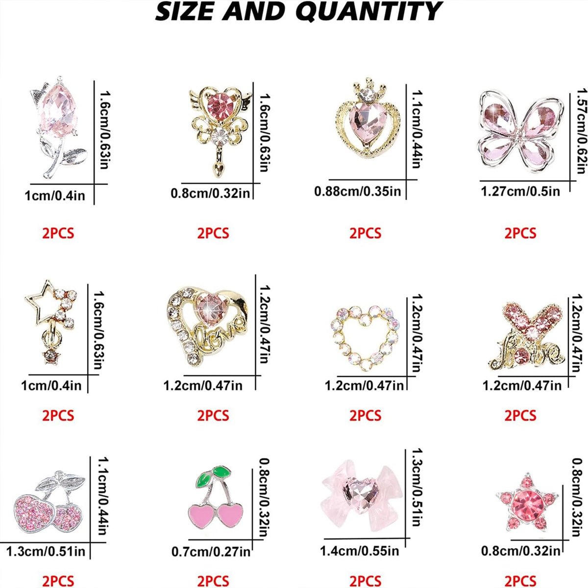 24 Pcs Pink Nail Art Rhinestones 3D Cherry Bow Star Heart Flowers Charms for Acrylic Nails - Shining Alloy Nail Jewelry Gem for Y2k Women DIY Manicure Crafts - görsel 9