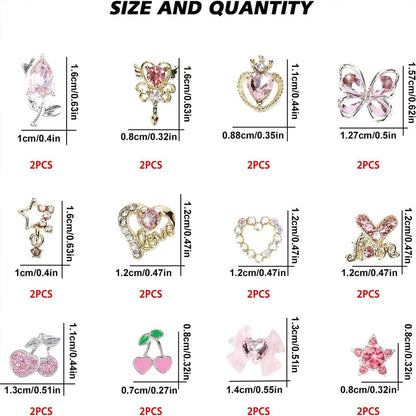 24 Pcs Pink Nail Art Rhinestones 3D Cherry Bow Star Heart Flowers Charms for Acrylic Nails - Shining Alloy Nail Jewelry Gem for Y2k Women DIY Manicure Crafts