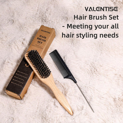 VALENTISE Boar Bristle Slick Back Hair Brush Set with Carbon Fiber Comb for Parting & Sectioning – Ideal for All Hair Types