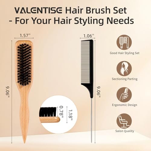 VALENTISE Boar Bristle Slick Back Hair Brush Set with Carbon Fiber Comb for Parting & Sectioning – Ideal for All Hair Types - görsel 4