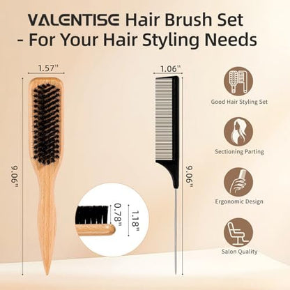 VALENTISE Boar Bristle Slick Back Hair Brush Set with Carbon Fiber Comb for Parting & Sectioning – Ideal for All Hair Types