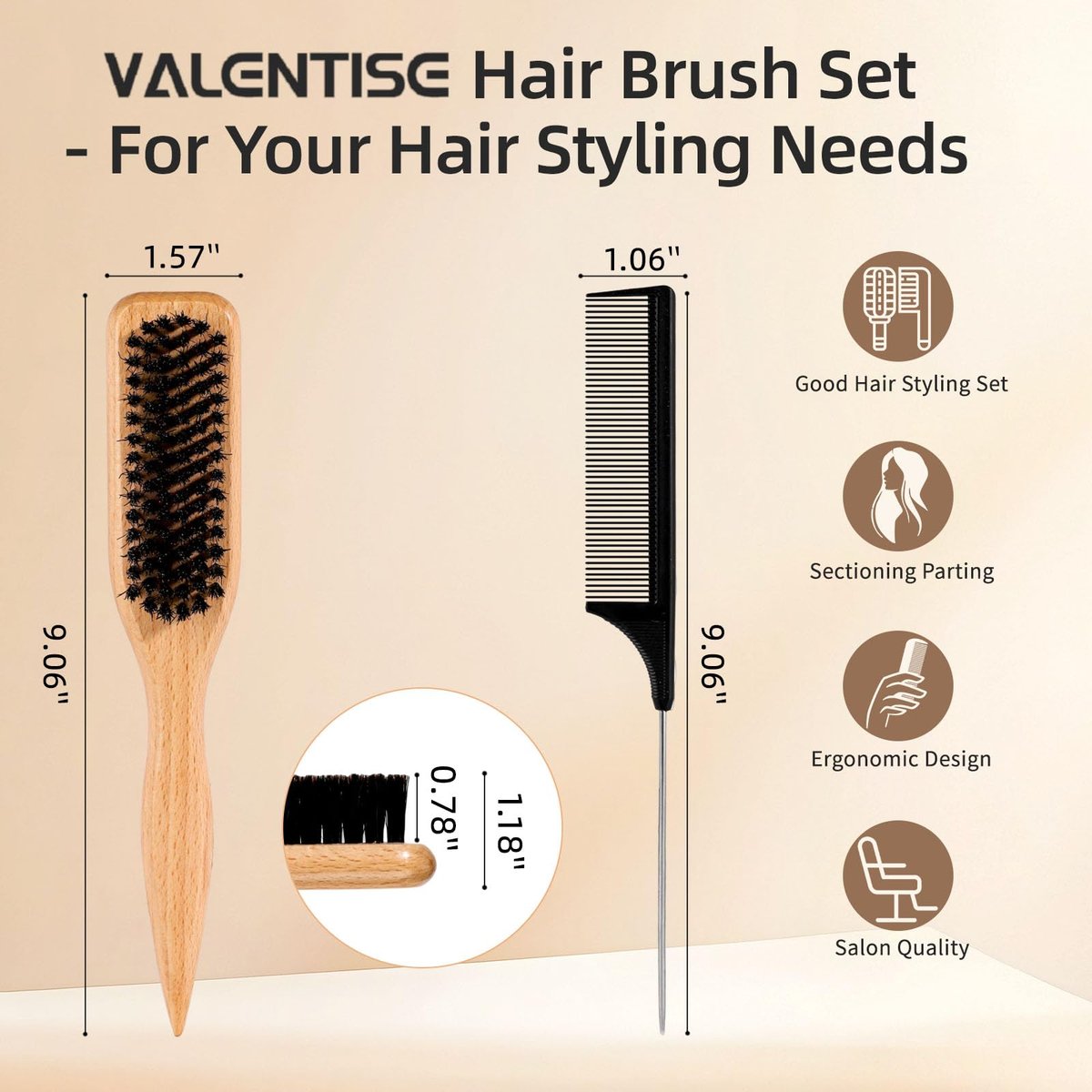 VALENTISE Boar Bristle Slick Back Hair Brush Set with Carbon Fiber Comb for Parting & Sectioning – Ideal for All Hair Types - görsel 3