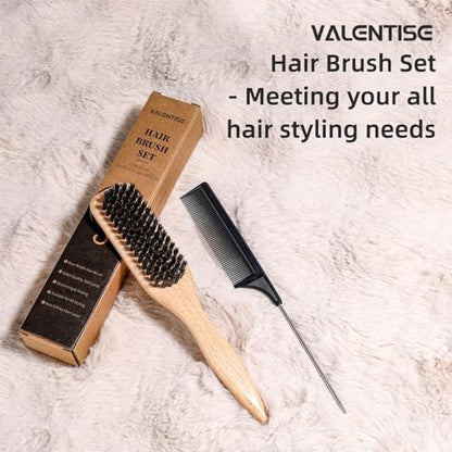 VALENTISE Boar Bristle Slick Back Hair Brush Set with Carbon Fiber Comb for Parting & Sectioning – Ideal for All Hair Types