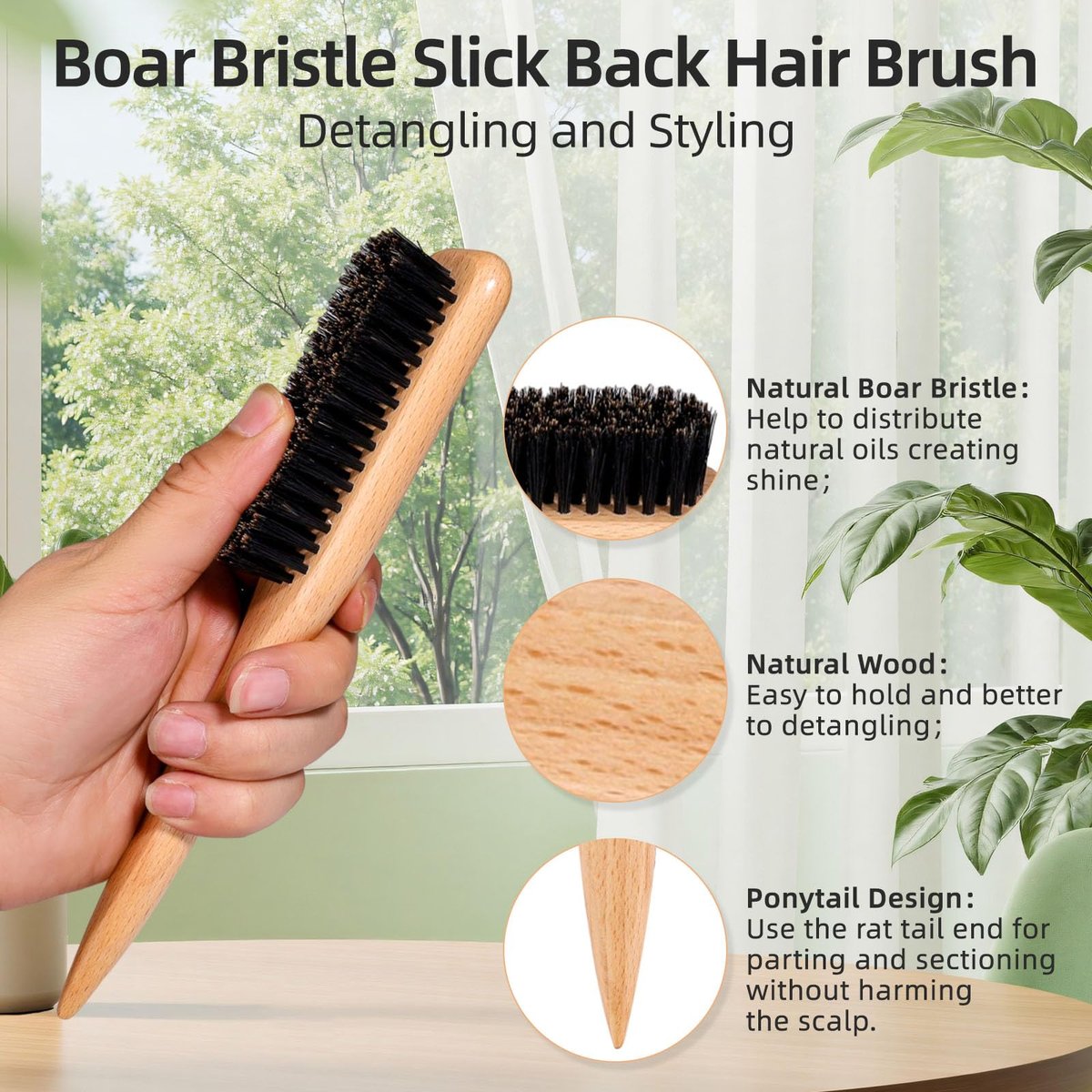 VALENTISE Boar Bristle Slick Back Hair Brush Set with Carbon Fiber Comb for Parting & Sectioning – Ideal for All Hair Types - görsel 5