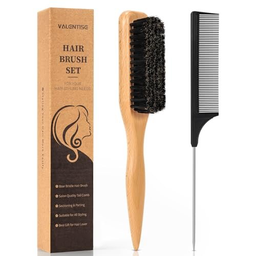 VALENTISE Boar Bristle Slick Back Hair Brush Set with Carbon Fiber Comb for Parting & Sectioning – Ideal for All Hair Types - görsel 2