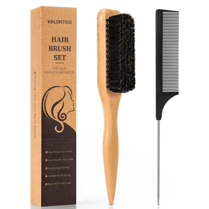 VALENTISE Boar Bristle Slick Back Hair Brush Set with Carbon Fiber Comb for Parting & Sectioning – Ideal for All Hair Types