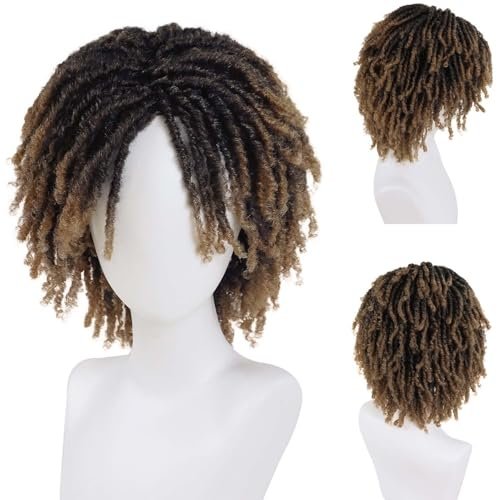 GNIMEGIL Mens Dreadlock Wig Ombre Light Brown Curly Hair Male Fake Dreads Loc Short Braided Wig with Bangs Realistic Twist Rasta Wigs Cosplay - görsel 1