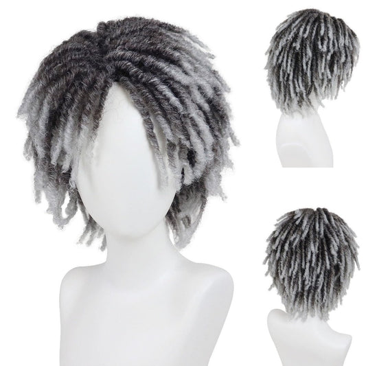 GNIMEGIL Men's Dreadlock Wig - Ombre Grey Curly Hairstyle Short Braided Wig with Bangs, Realistic Twist Rasta Wig for Cosplay & Parties