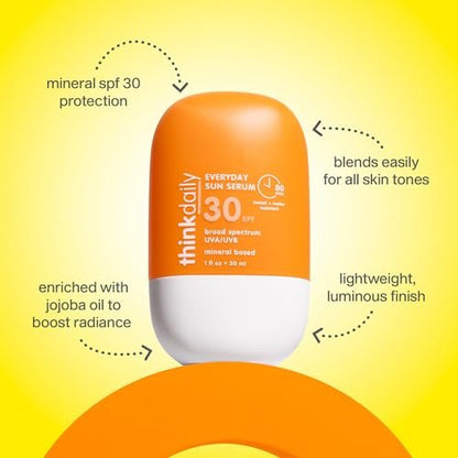 Thinkdaily SPF 30 Sunscreen for Face – Everyday Sun Serum with Zinc Oxide, 1 Fl Oz – Mineral UVA/UVB Protection, Hydrating Jojoba Oil, Vitamin E & Aloe Vera, Non-Sticky Travel Size Avelisse