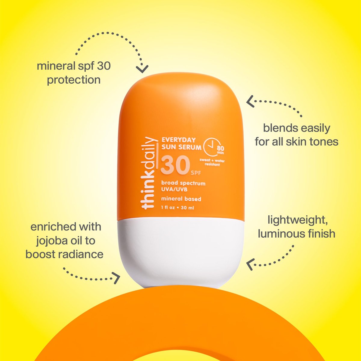 Thinkdaily SPF 30 Sunscreen for Face – Everyday Sun Serum with Zinc Oxide, 1 Fl Oz – Mineral UVA/UVB Protection, Hydrating Jojoba Oil, Vitamin E & Aloe Vera, Non-Sticky Travel Size Avelisse