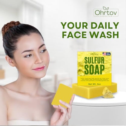 Sulfur Soap Bar – Sulfur Face & Body Wash for Acne – Sulphur Exfoliating Facial Cleanser Absorbs Excess Oil, Reduces Breakouts, & Cleanses Skin – Natural Acne Soap Skincare, 5oz Bar Made in USA