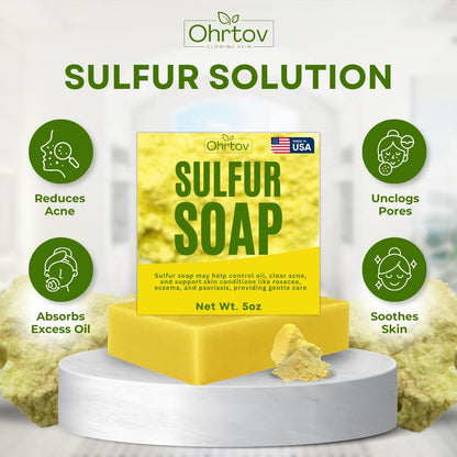 Sulfur Soap Bar – Sulfur Face & Body Wash for Acne – Sulphur Exfoliating Facial Cleanser Absorbs Excess Oil, Reduces Breakouts, & Cleanses Skin – Natural Acne Soap Skincare, 5oz Bar Made in USA