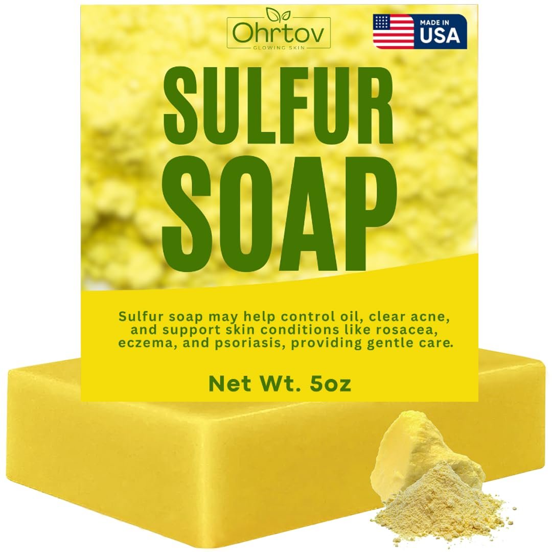 Sulfur Soap Bar – Sulfur Face & Body Wash for Acne – Sulphur Exfoliating Facial Cleanser Absorbs Excess Oil, Reduces Breakouts, & Cleanses Skin – Natural Acne Soap Skincare, 5oz Bar Made in USA - görsel 1