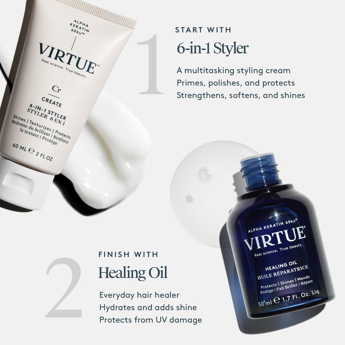VIRTUE Healing Hair Oil & 6-in-1 Styling Cream Bundle – Repair, Protect & Style for All Hair Types, Color Safe Avelisse