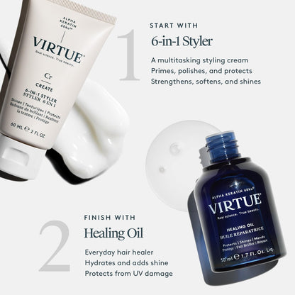 VIRTUE Healing Hair Oil & 6-in-1 Styling Cream Bundle – Repair, Protect & Style for All Hair Types, Color Safe Avelisse