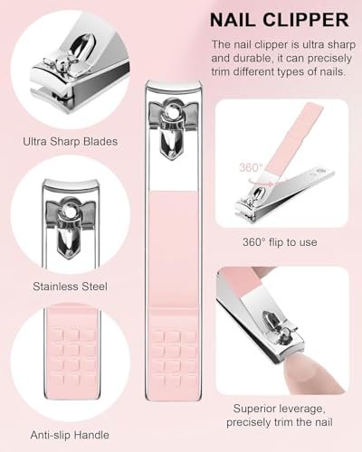 Professional Cuticle Nipper Set – 4 PCS Stainless Steel Cuticle Trimmer with Pusher and Nail Clipper for Manicure & Pedicure, Pink