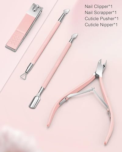 Professional Cuticle Nipper Set – 4 PCS Stainless Steel Cuticle Trimmer with Pusher and Nail Clipper for Manicure & Pedicure, Pink - görsel 18