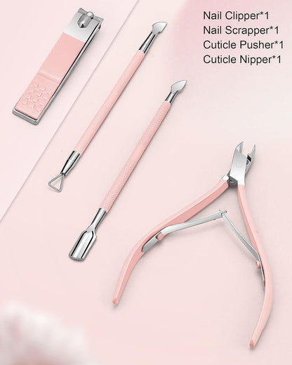 Professional Cuticle Nipper Set – 4 PCS Stainless Steel Cuticle Trimmer with Pusher and Nail Clipper for Manicure & Pedicure, Pink