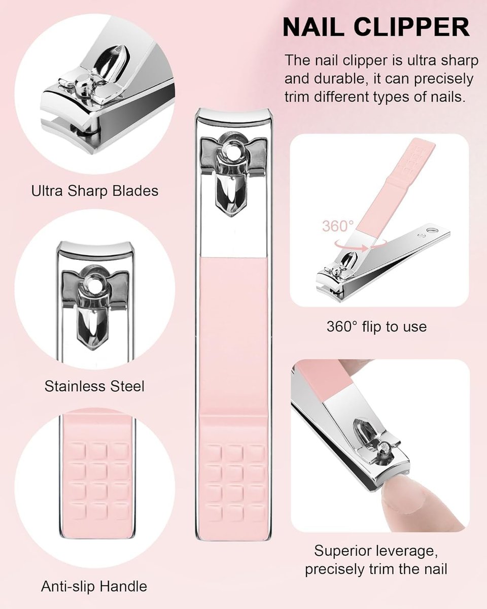 Professional Cuticle Nipper Set – 4 PCS Stainless Steel Cuticle Trimmer with Pusher and Nail Clipper for Manicure & Pedicure, Pink - görsel 9
