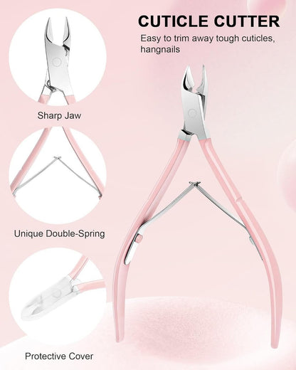 Professional Cuticle Nipper Set – 4 PCS Stainless Steel Cuticle Trimmer with Pusher and Nail Clipper for Manicure & Pedicure, Pink