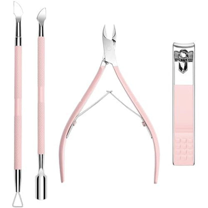 Professional Cuticle Nipper Set – 4 PCS Stainless Steel Cuticle Trimmer with Pusher and Nail Clipper for Manicure & Pedicure, Pink