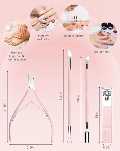 Professional Cuticle Nipper Set – 4 PCS Stainless Steel Cuticle Trimmer with Pusher and Nail Clipper for Manicure & Pedicure, Pink - görsel 14